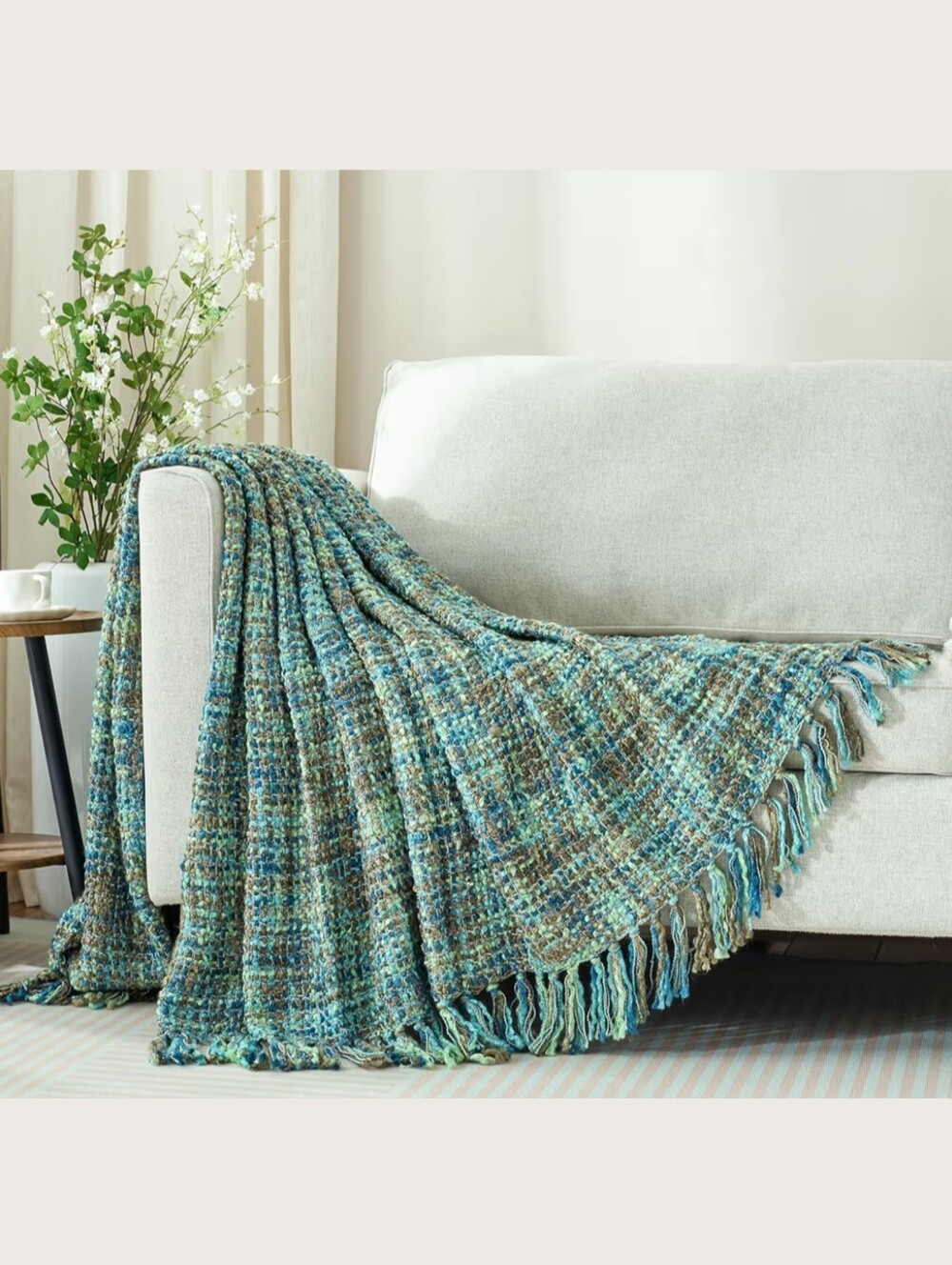 Ginamuse NWT 50"x60" Texture Woven Throw Blanket With Fringe Green/Blue